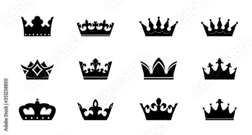 Set black vector crown on white background