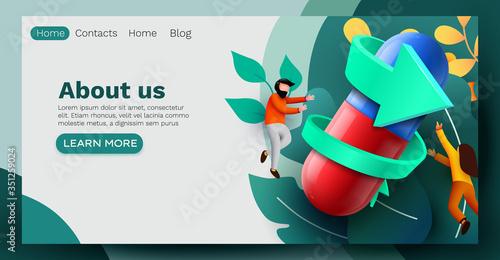 People flying around big pill. Medicine and pharmacy concept. Landing page, banner or flyer template.