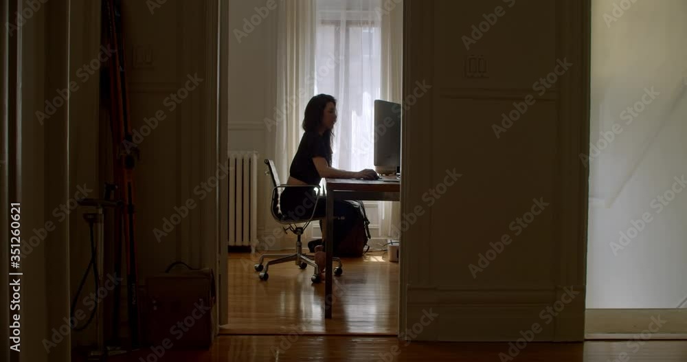 Attractive young woman enjoying what she is doing as she works at computer in her beautiful home office Attractive young woman enjoying what she is doing as she works at computer in her beautiful home office