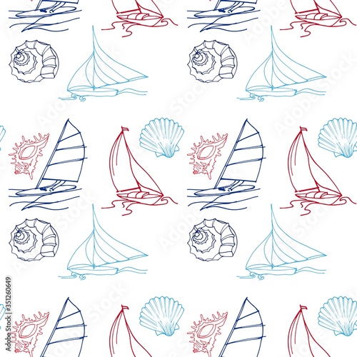 Seashells and a sailboat pattern on a white background for printing on fabric paper and other decor