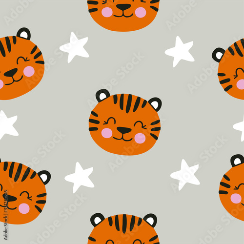 Tiger head with crown, seamless texture in scandinavian style on a gray background with stars, vector