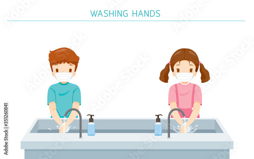 Children Wearing Surgical Mask, Washing Hands At School For Protection From Covid-19, Coronavirus Disease, Social Distancing Concept, Educational, Instruction, Sanitary, Healthcare, Safety