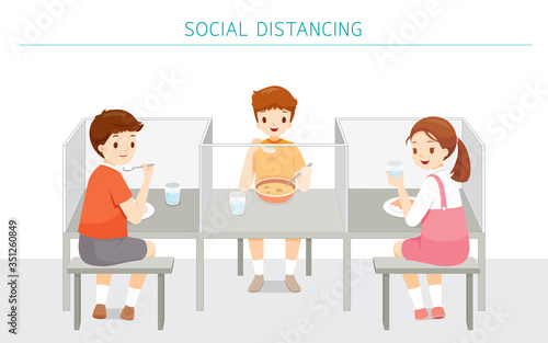 Social Distancing Concept, School Cafeteria New style For Protection From Covid-19, Coronavirus Disease, Children Eating Food At School, Educational, Instruction, Sanitary, Healthcare, Safety