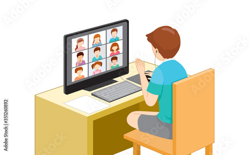 Children Learning Online With Desktop Computer, Social Distancing Concept, Online Learning, Safety From Coronavirus Disease, Covid-19, Educational, Instruction, Sanitary, Healthcare, Safety