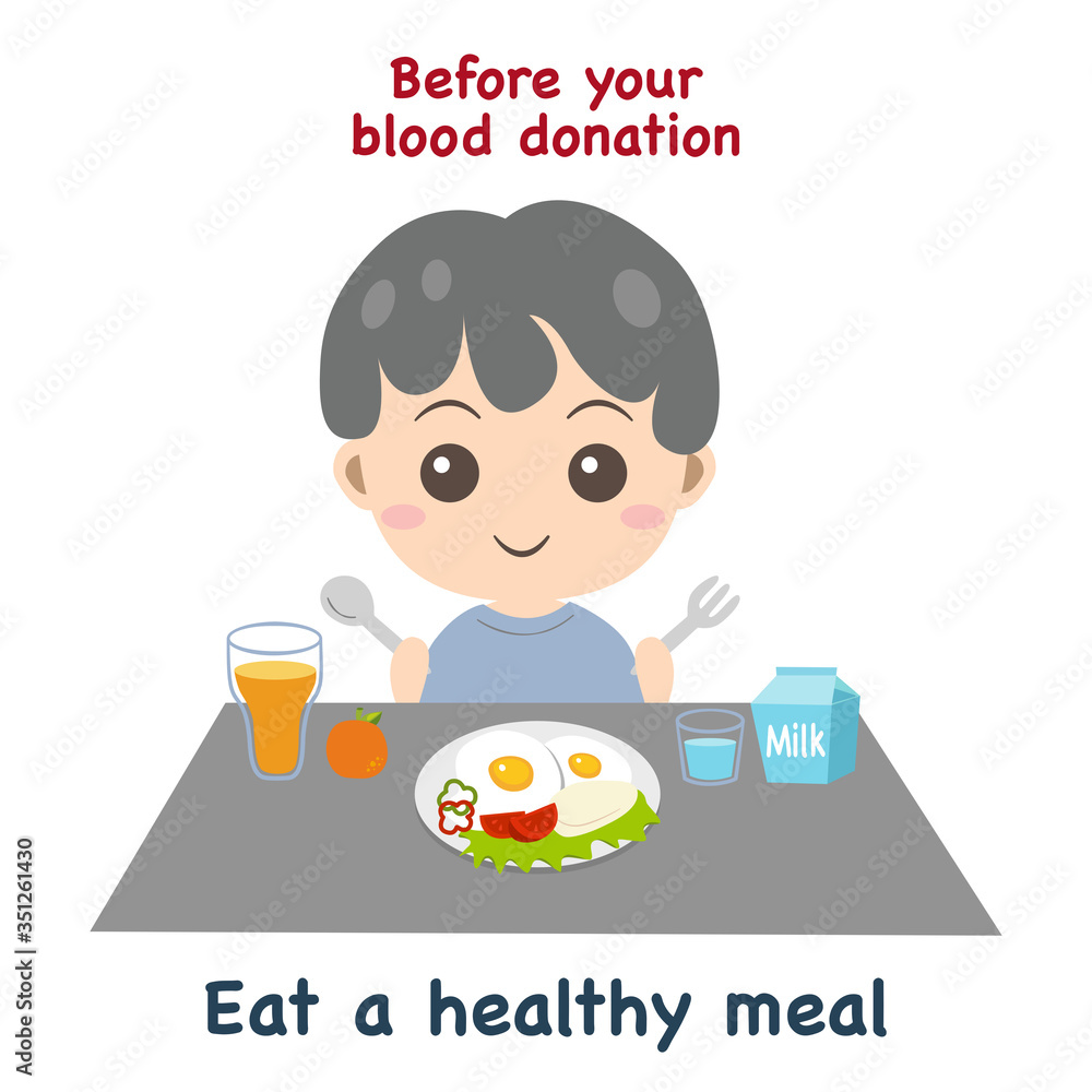 Cute cartoon boy eating breakfast on white background. Red text 'Before your blood donation'. Blue message 'Eat a healthy meal'. Vector illustration about medical and health. Cute cartoon boy eating breakfast on white background. Red text 'Before your blood donation'. Blue message 'Eat a healthy meal'. Vector illustration about medical and health.