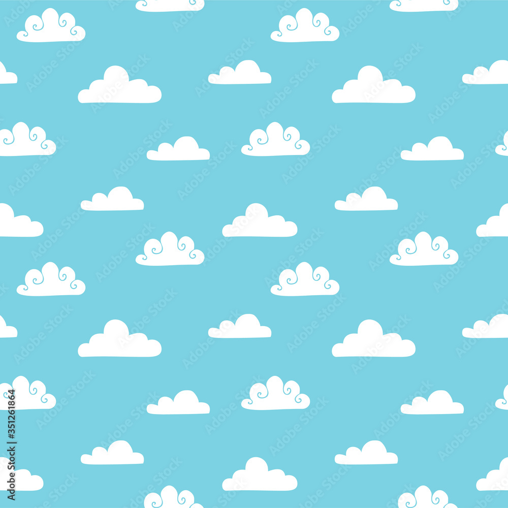 White, airy, curly clouds on a blue sky. Geometric seamless pattern in scandinavian style, vector. White, airy, curly clouds on a blue sky. Geometric seamless pattern in scandinavian style, vector.