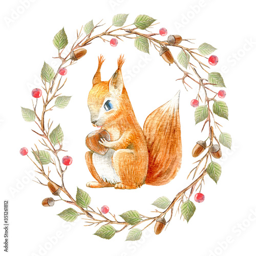 Wreath of a squirrel, branches, acorn, berries, nuts, leaves.Watercolor hand drawn illustration.White background. 