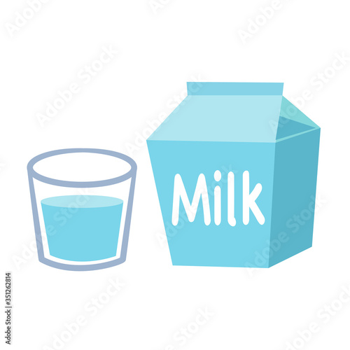 Cute icon flat cartoon a glass of water and milk box on white background. Vector illustration about food and drink.