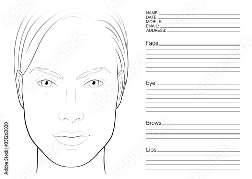 Face chart makeup artist blank. The contour of the face. Makeup template. Rectangular face.