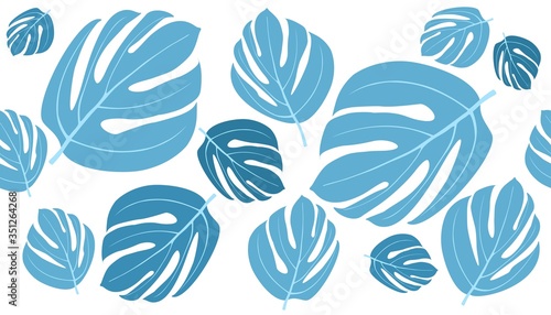 Monstera plant leaves floral art pattern - seamless background. Blue tropical plant vector illustration.