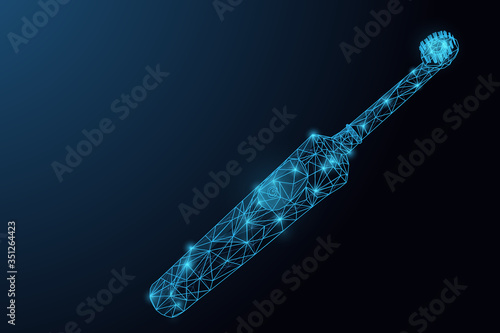Futuristic glowing low polygonal electric toothbrush made of stars, lines, dots, triangles isolated on dark blue background. Dental and hygiene concept.