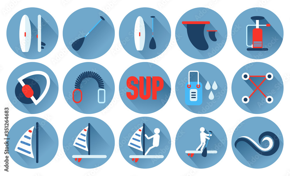 set of sport icons on sup board in flat style set of sport icons on sup board in flat style