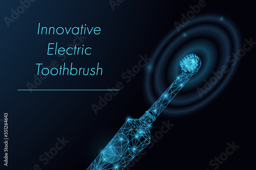 Futuristic glowing low polygonal electric toothbrush made of stars, lines, dots, triangles isolated on dark blue background. Dental and hygiene concept.