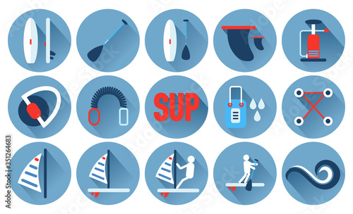 set of sport icons on sup board in flat style