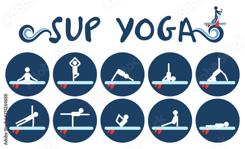 set of yoga icons on sup board in flat style