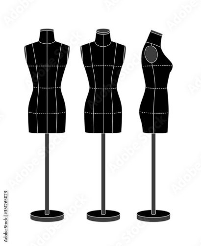 Black mannequin for sewing and modeling, front, back and side.
