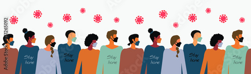 masked people during illness with inscriptions on clothes stay home, seamless pattern,seamless stay home.masked people. masked society. pandemic, long pattern