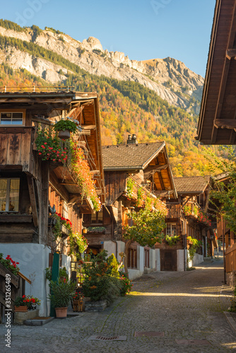 streetview with wooden houses in the village of Brienz Switserland 