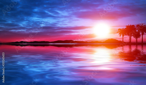 Fototapeta Naklejka Na Ścianę i Meble -  Tropical sunset with palm trees and sea. Silhouettes of palm trees on the beach against the sky with clouds.