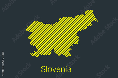 Map of Slovenia, striped map in a black strip on a yellow background for coronavirus infographics and quarantine area markers and restrictions. vector