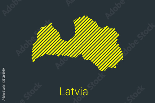Map of Latvia, striped map in a black strip on a yellow background for coronavirus infographics and quarantine area markers and restrictions. vector