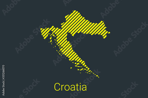 Map of Croatia, striped map in a black strip on a yellow background for coronavirus infographics and quarantine area markers and restrictions. vector