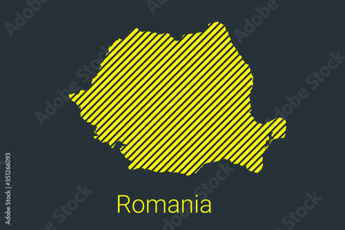 Map of Romania, striped map in a black strip on a yellow background for coronavirus infographics and quarantine area markers and restrictions. vector