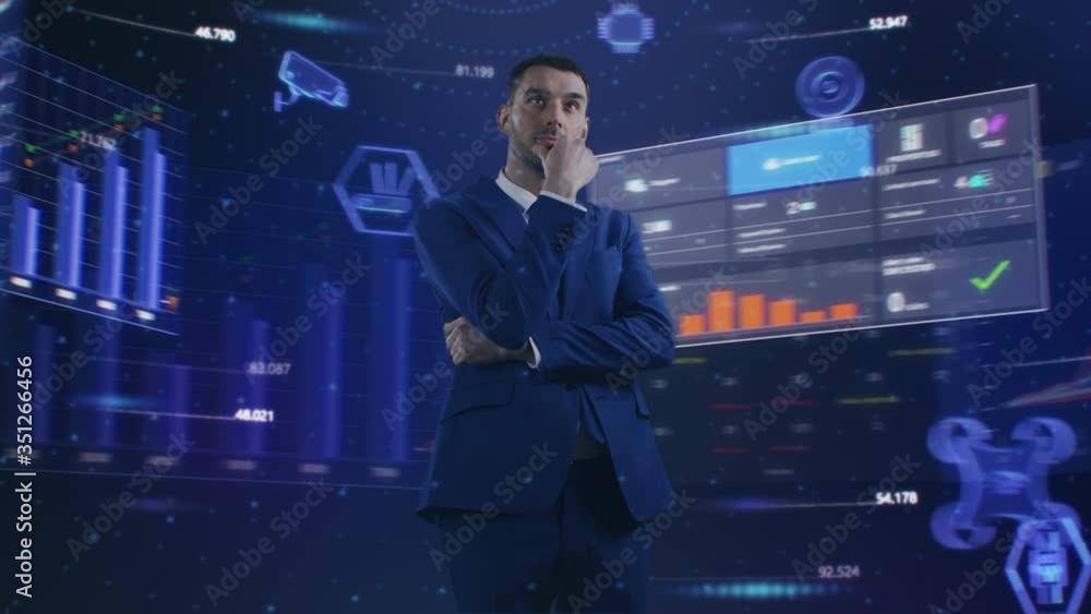 Augmented Virtual Reality Concept: Businessman in 3D World Surrounded by e-Business, e-Commerce, Stock Market, Infographics, Finance, Analysis, Charts, Graphs Icons. 360 Degree Tracking Arc Shot Augmented Virtual Reality Concept: Businessman in 3D World Surrounded by e-Business, e-Commerce, Stock Market, Infographics, Finance, Analysis, Charts, Graphs Icons. 360 Degree Tracking Arc Shot