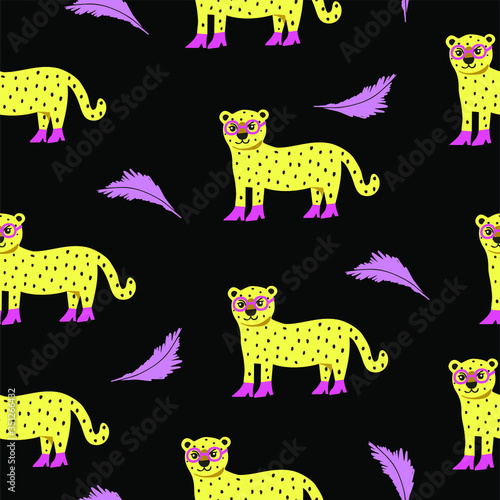 Stylish leopard cartoon  in pink glasses and shoes. Isolated vector  geometric seamless pattern on a black background with tropical leaves. 