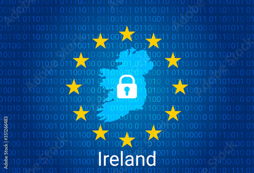 Map of Ireland, with lock and binary code background. europe union internet blocking, virus attack, privacy protect. vector