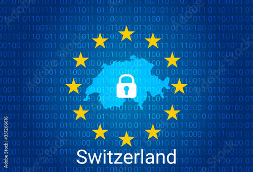 Map of Switzerland, with lock and binary code background. europe union internet blocking, virus attack, privacy protect. vector