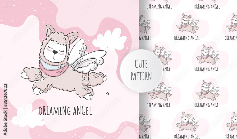 Flat seamless pattern cute animal llama flying Flat seamless pattern cute animal llama flying