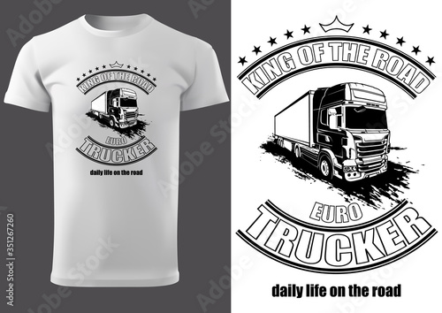 White T-shirt Print Design with Truck and Inscriptions - Black and White Illustration, Vector