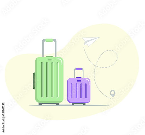 Set of plastic travel suitcases and paper plane with pallet path, vector illustration.