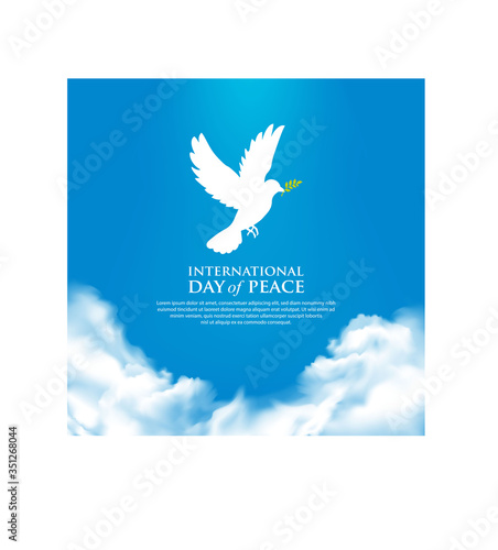 International Day of Peace background with  blue sky, pigeon and cloud. Peace day template