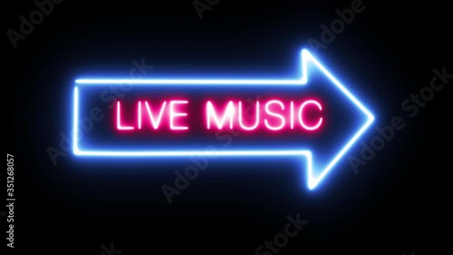 Live music neon light sign animation arrow to the right club entrance on black background show concert concept