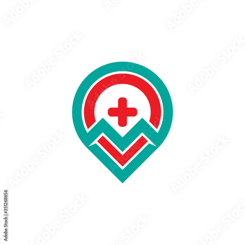 Letter M and navigation place marker, vector symbol.