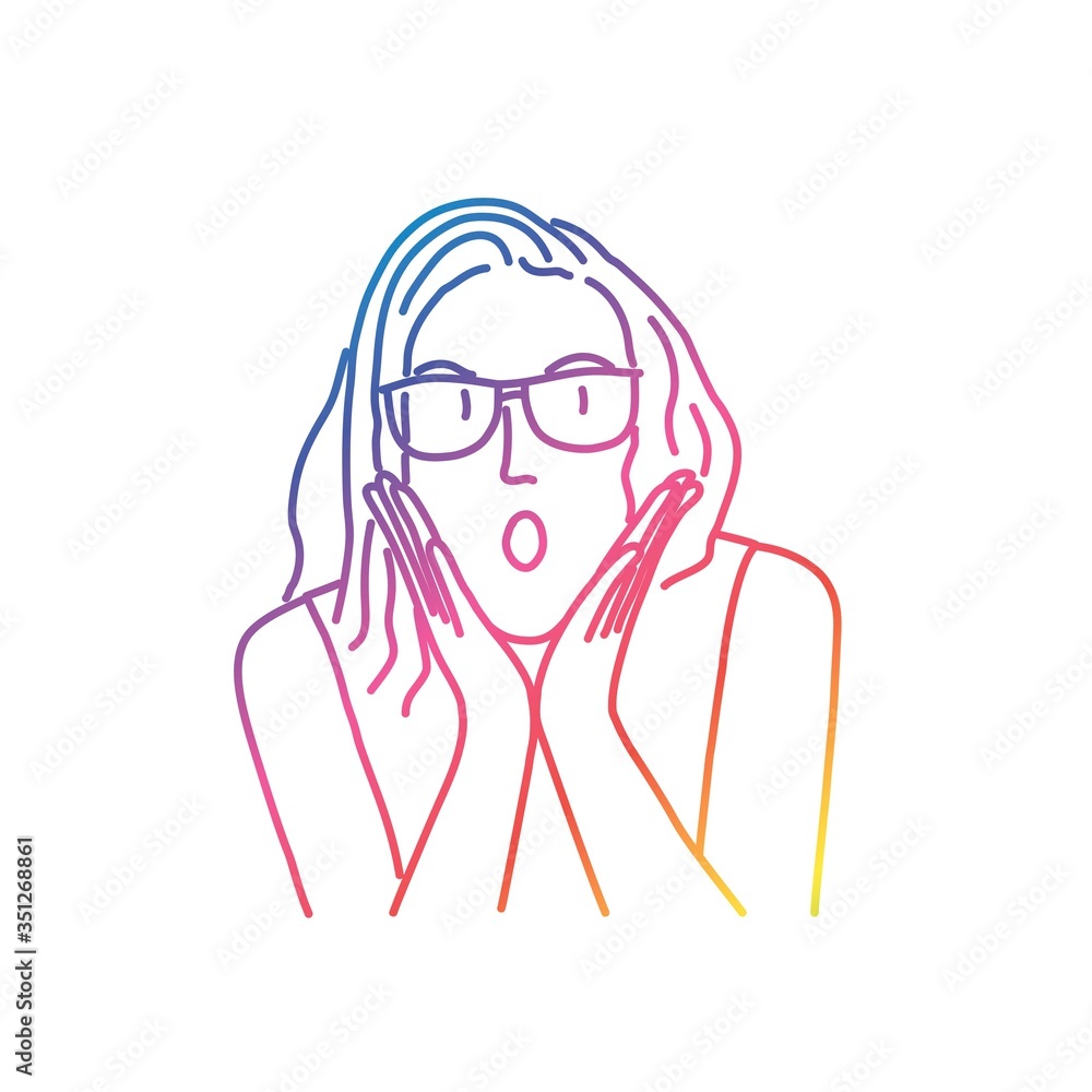 Surprised girl with glasses. Rainbow colors in linear vector illustration. Surprised girl with glasses. Rainbow colors in linear vector illustration.