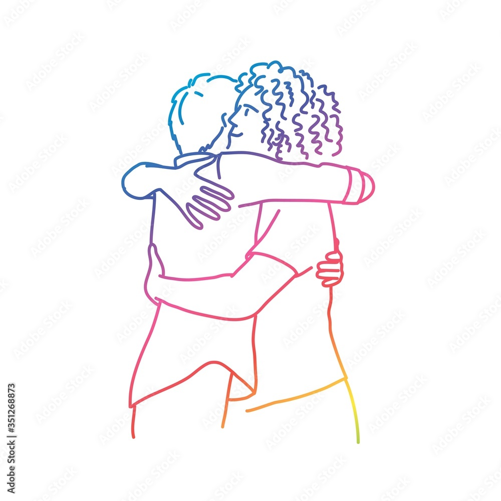 Guys hugging each other. Best friends. Rainbow colors in linear vector illustration.