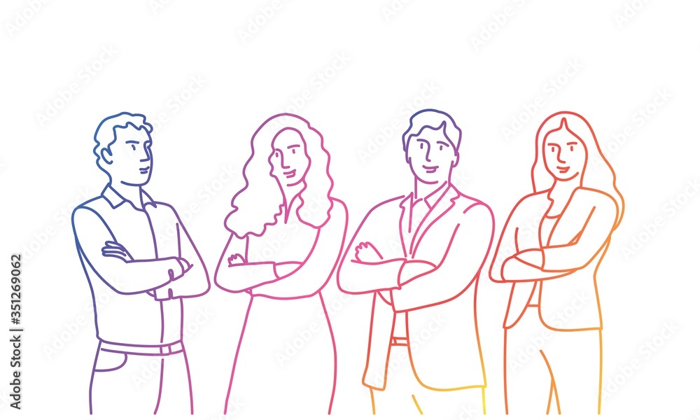 Business people stand with arms crossed. Rainbow colors in linear vector illustration.