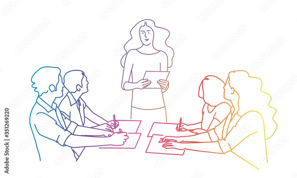 Woman talking to colleagues. Business meeting at the table. Rainbow colors in linear vector illustration. Woman talking to colleagues. Business meeting at the table. Rainbow colors in linear vector illustration.