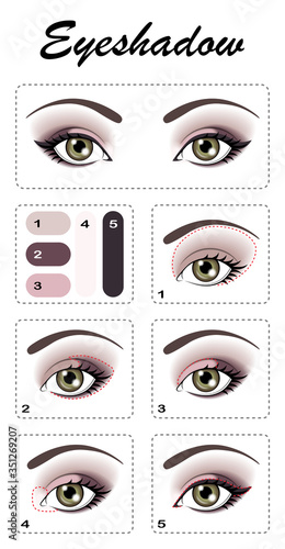 Eye makeup with arrows. Eye shadows are applied step by step. Eye color is greenish brown.