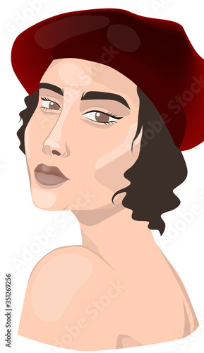 Girl with burgundy beret, and naked shoulders. Portrait