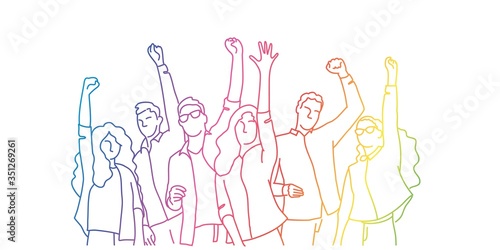 Happy people raised arms. Rainbow colors in linear vector illustration.