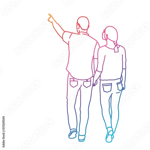 Young couple with hand in air hold hands. Rear view. Rainbow colors in linear vector illustration.