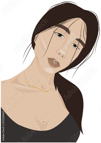Green eyed girl with moles portrait. Long brown hair
