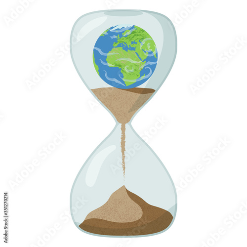 Earth Day, Enviroment day, Earth hour, environment damage concept. Vector flat illustration of Earth in hourglass sinking into a sand. Concept of climat change, ecological and deforestation problems