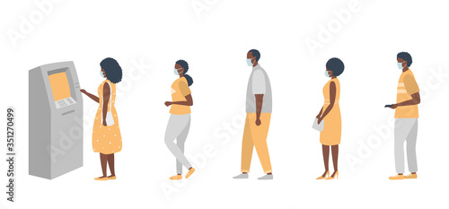 Black people in medical masks stand in line at the ATM. Queue during the coronovirus epidemic. Men and women keep their distance to stay safe. Vector illustration in flat style.