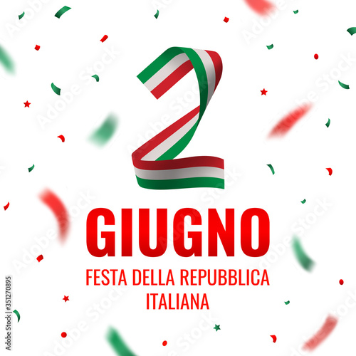 Vector greeting card with number two folded from the paper in colors of the Italian flag, falling confetti, and text isolated on white background. Translation: "June 2. Italian Republic Day.".