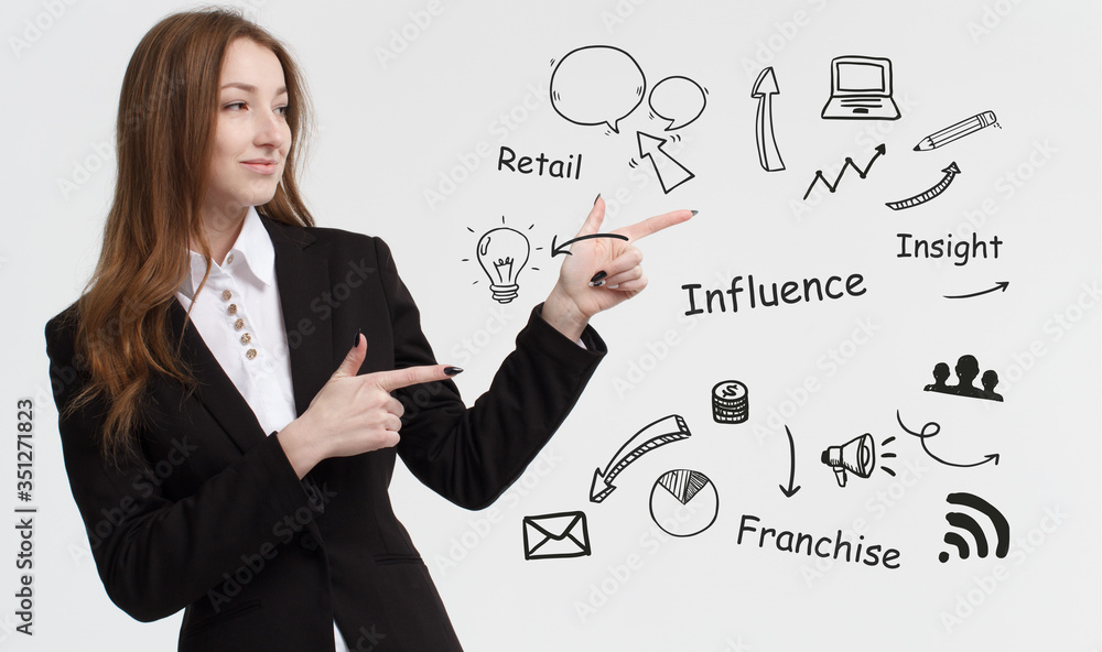 Business, technology, internet and network concept. Young businessman thinks over ideas to become successful: Influence Business, technology, internet and network concept. Young businessman thinks over ideas to become successful: Influence
